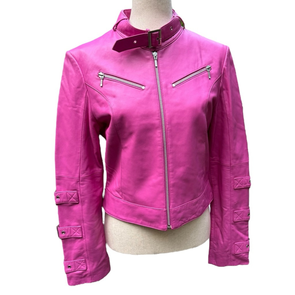 Fuchsia Pink Leather Moto Jacket São Paulo Size 6 – Cropped Buckle Sleeve Biker - Picture 15 of 15